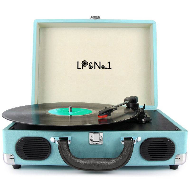 LP&No.1 Portable Suitcase Turntable with Stereo Speaker,3 Speeds Belt-Drive Vinyl Record Player Blue