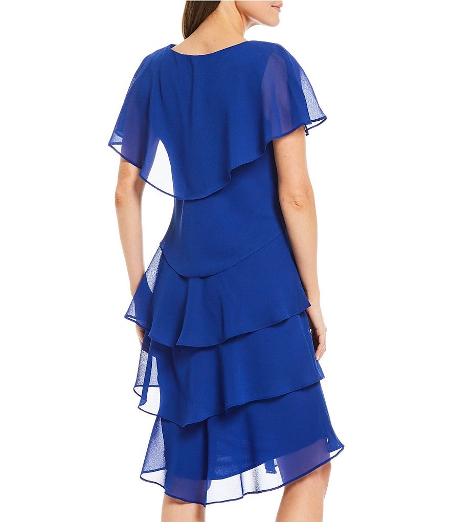 Kay Unger Long Bishop Sleeve V-Neck Crepe A-Line Dress