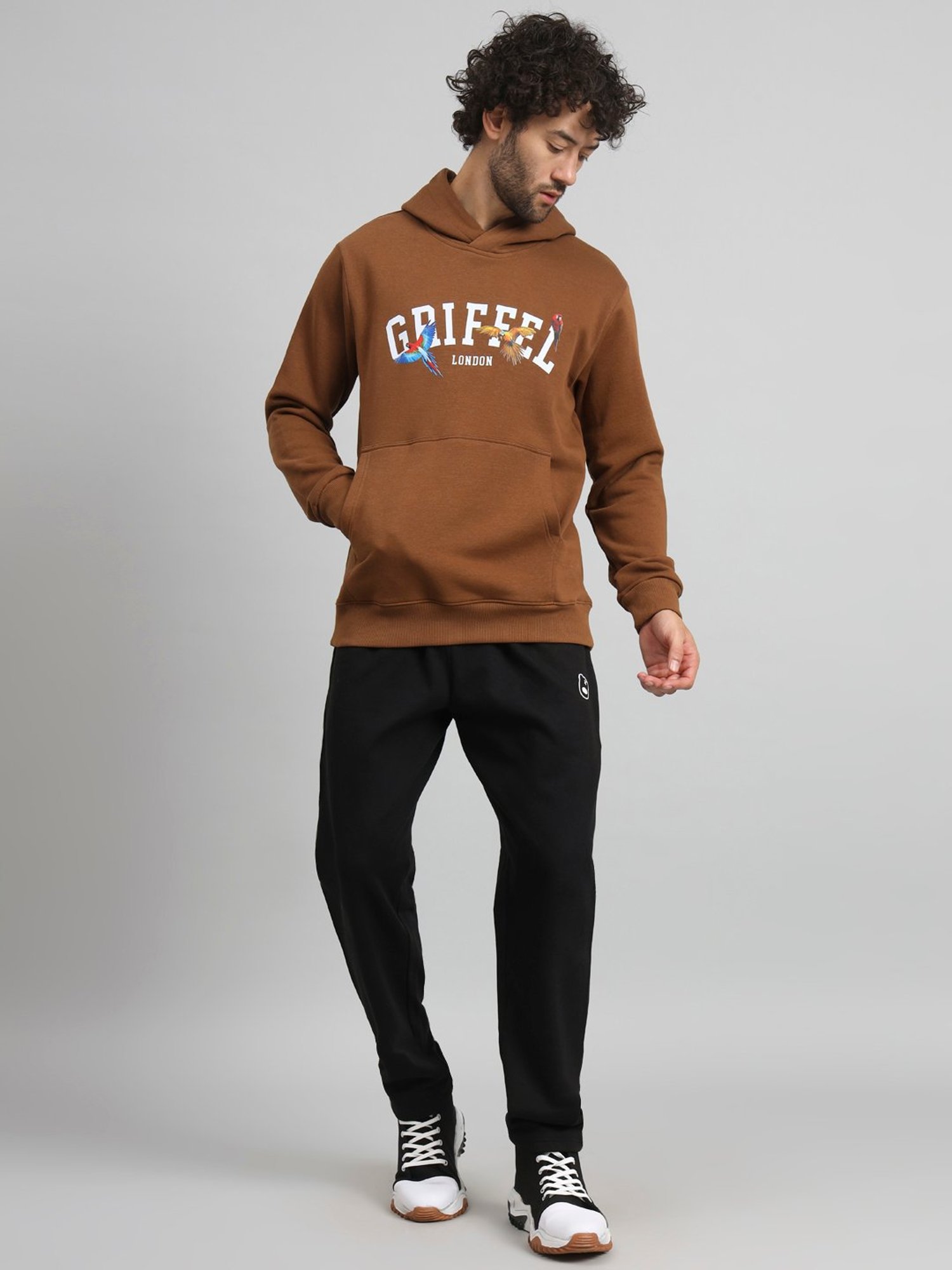 GRIFFEL Brown & Black Regular Fit Printed Hooded Sweatshirt & Trackpants Set