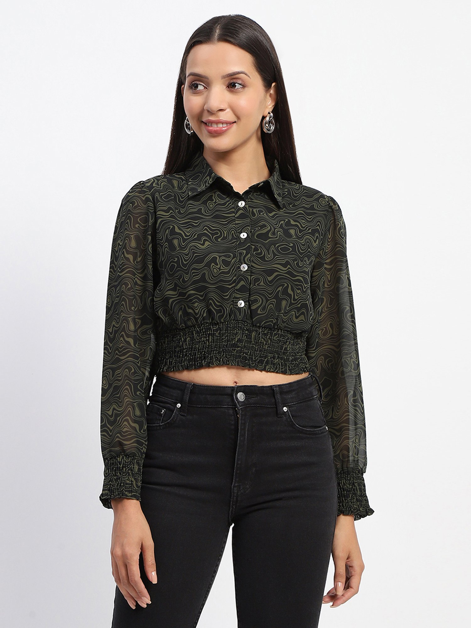 MADAME Olive & Black Printed Crop Top