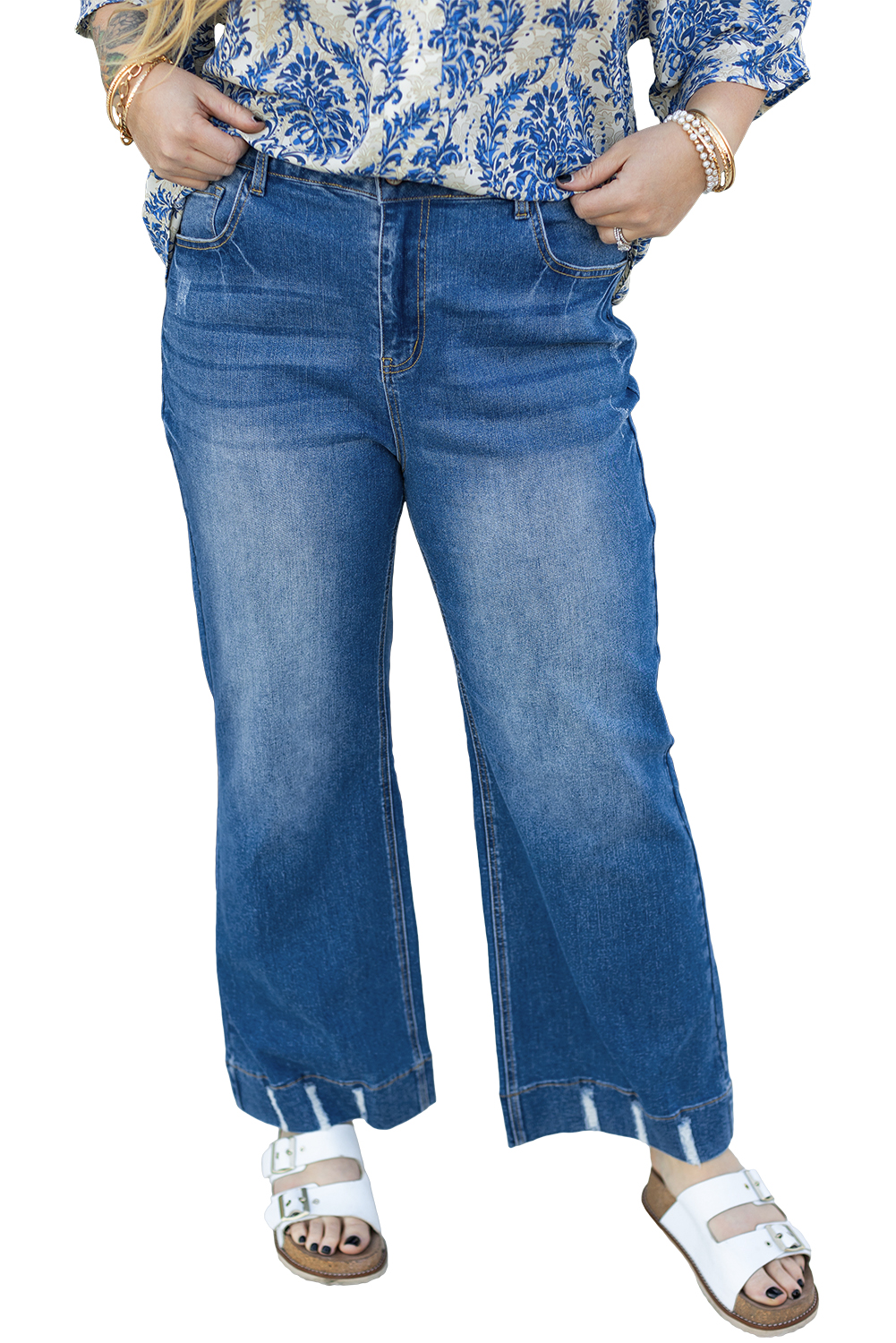 Dark Blue Plus Size Stitching Washed Flare Jeans