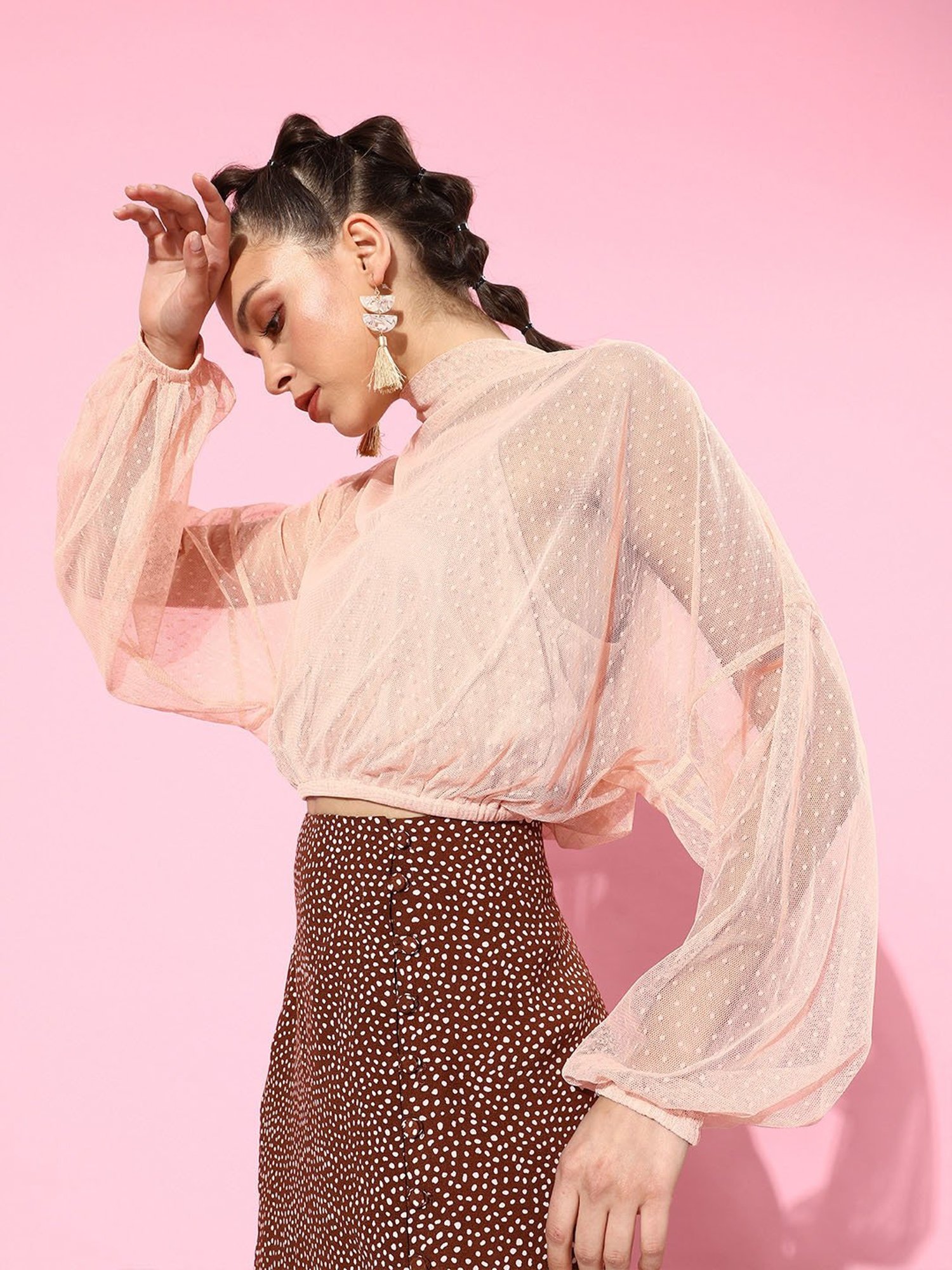 QUIERO Peach Self Design Crop Top