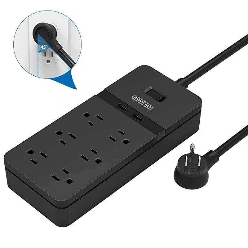 Flat Plug Power Strip with USB  Mountable Surge Protector Flat Plug 6 Outlets 2 USB Desktop Charging Station 5ft Heavy Duty Extension Cord 15A Circuit Breaker for Home and Office Black