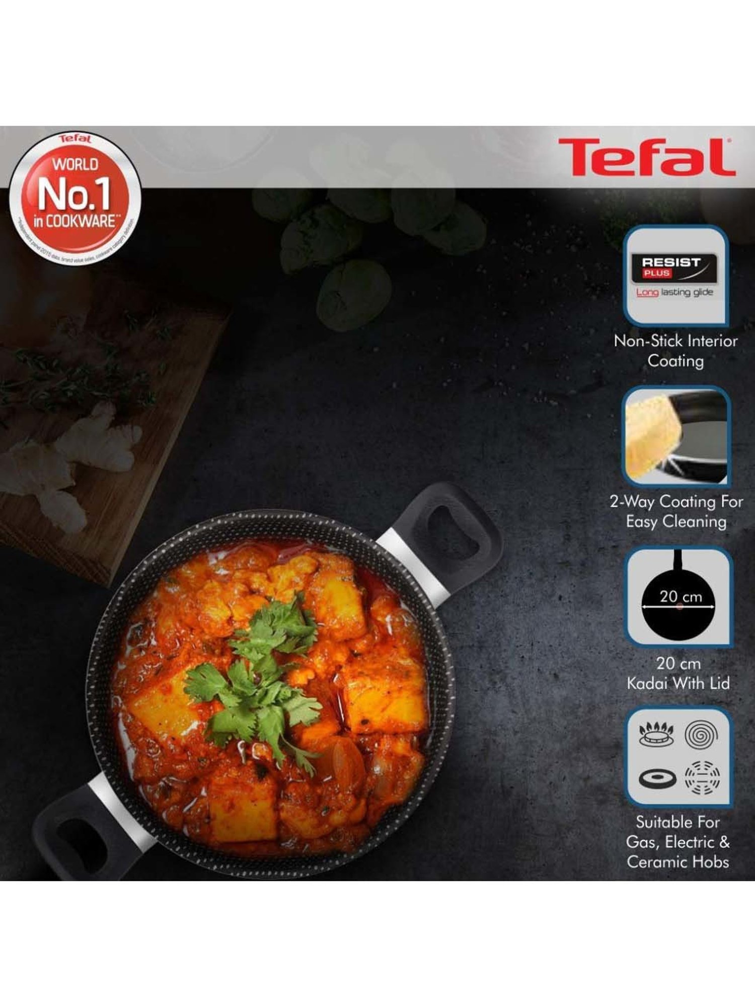 Tefal Simply Chef Red Aluminium 20 cm Rio Non-Stick Kadhai With Lid (1.96 L)
