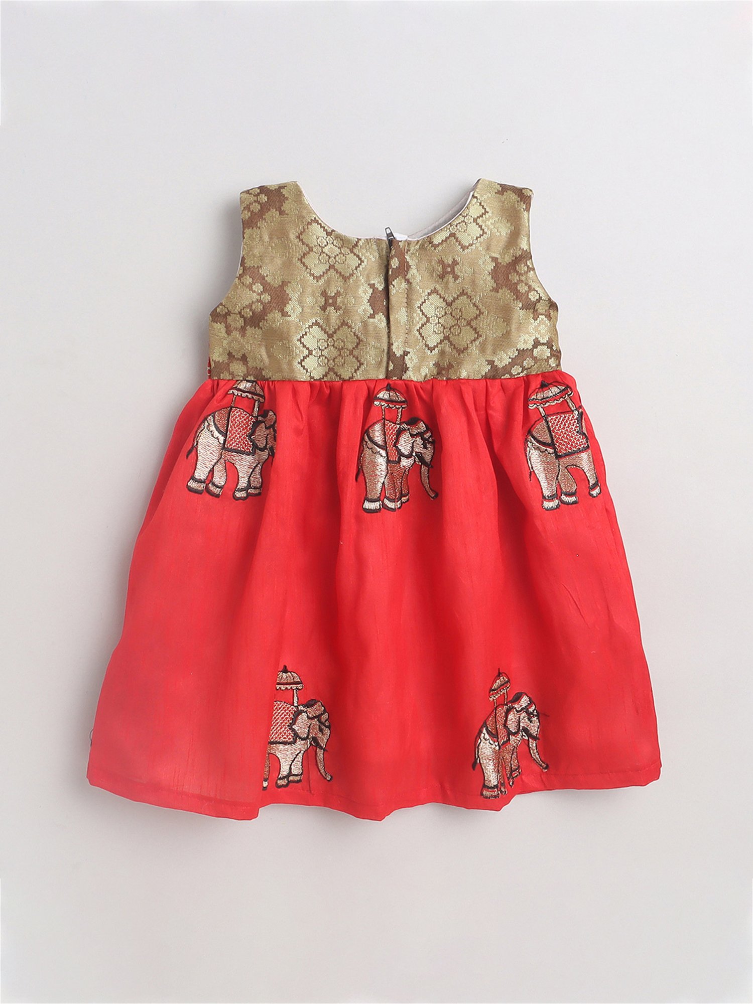 Many Frocks Kids Gold & Red Embroidered Dress