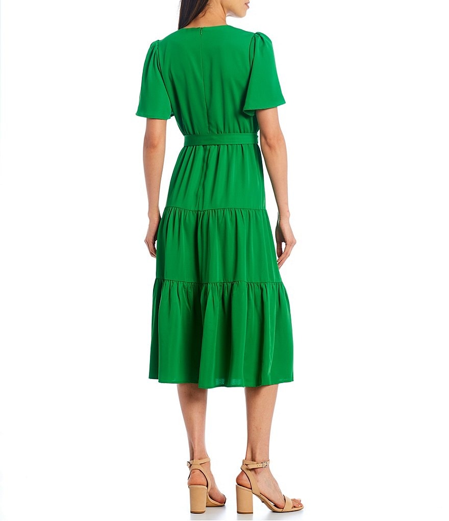 Adelyn Rae Tiered Faux Wrap V-Neck Midi Dress