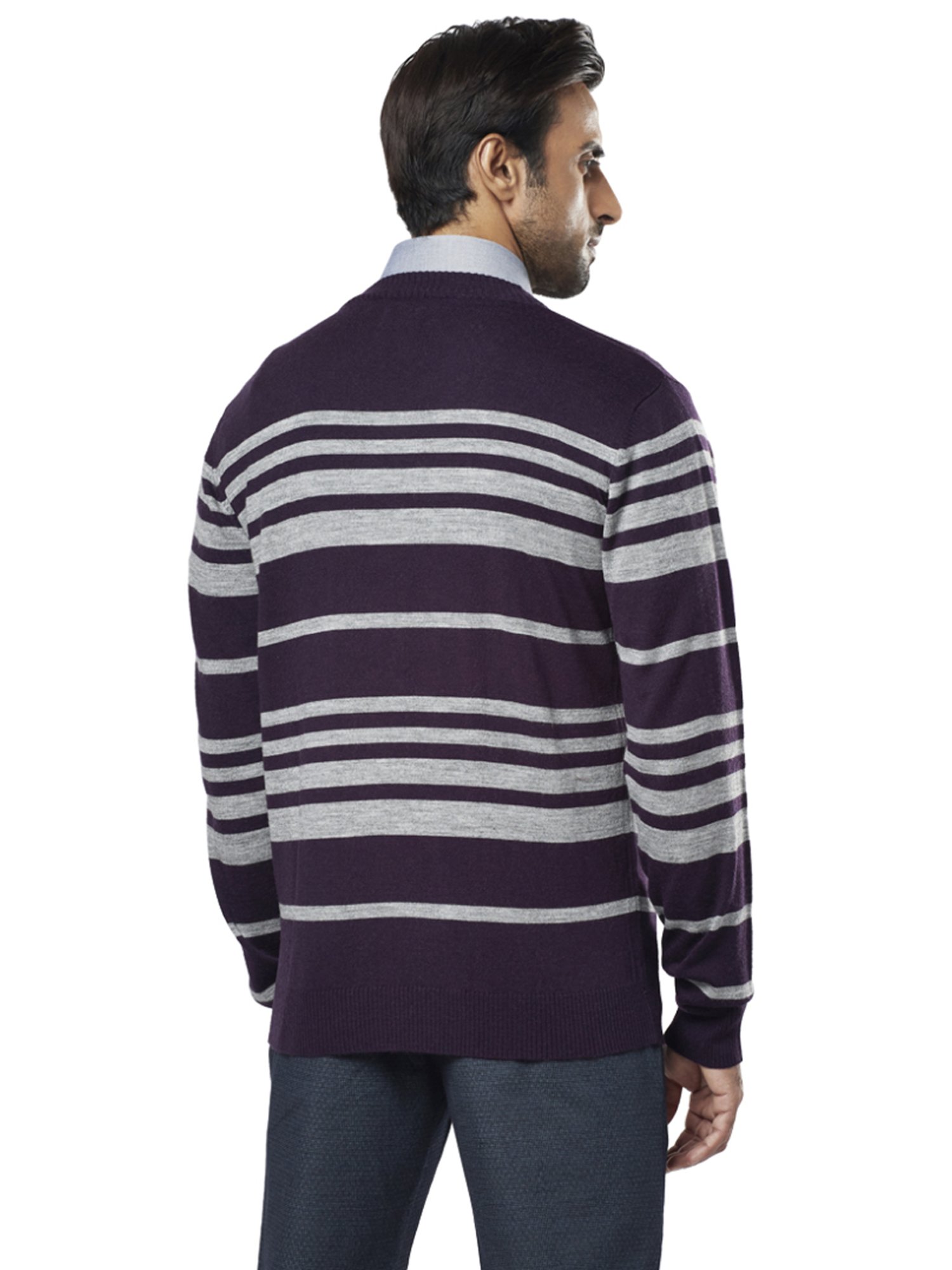 Raymond Purple  Regular Fit Striped Sweaters