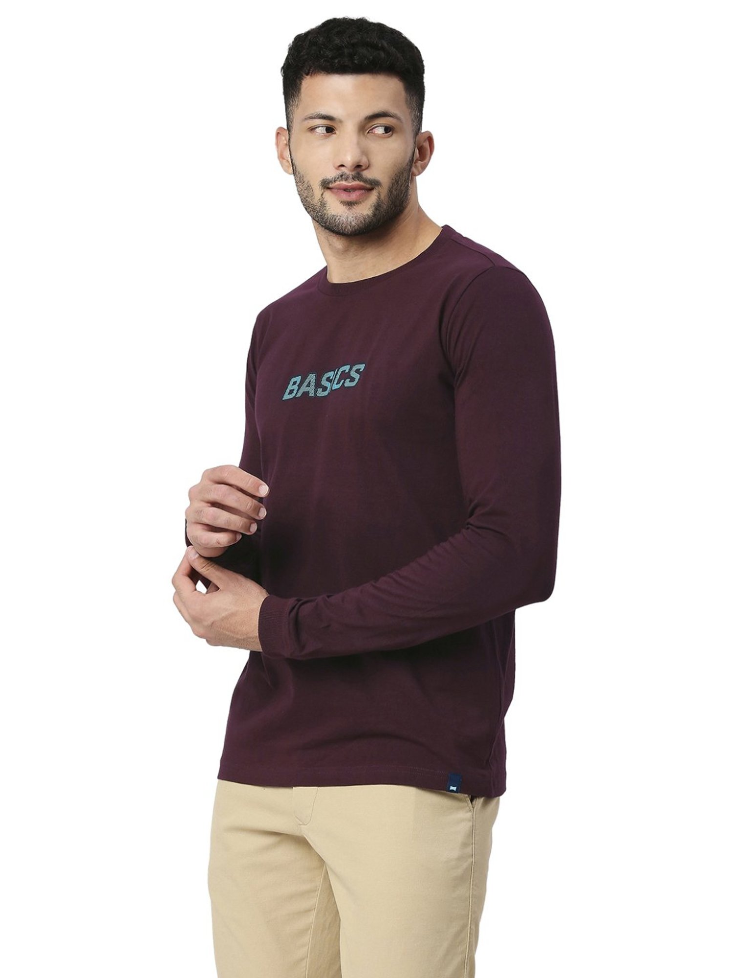 Basics Maroon Slim Fit Printed T-Shirt