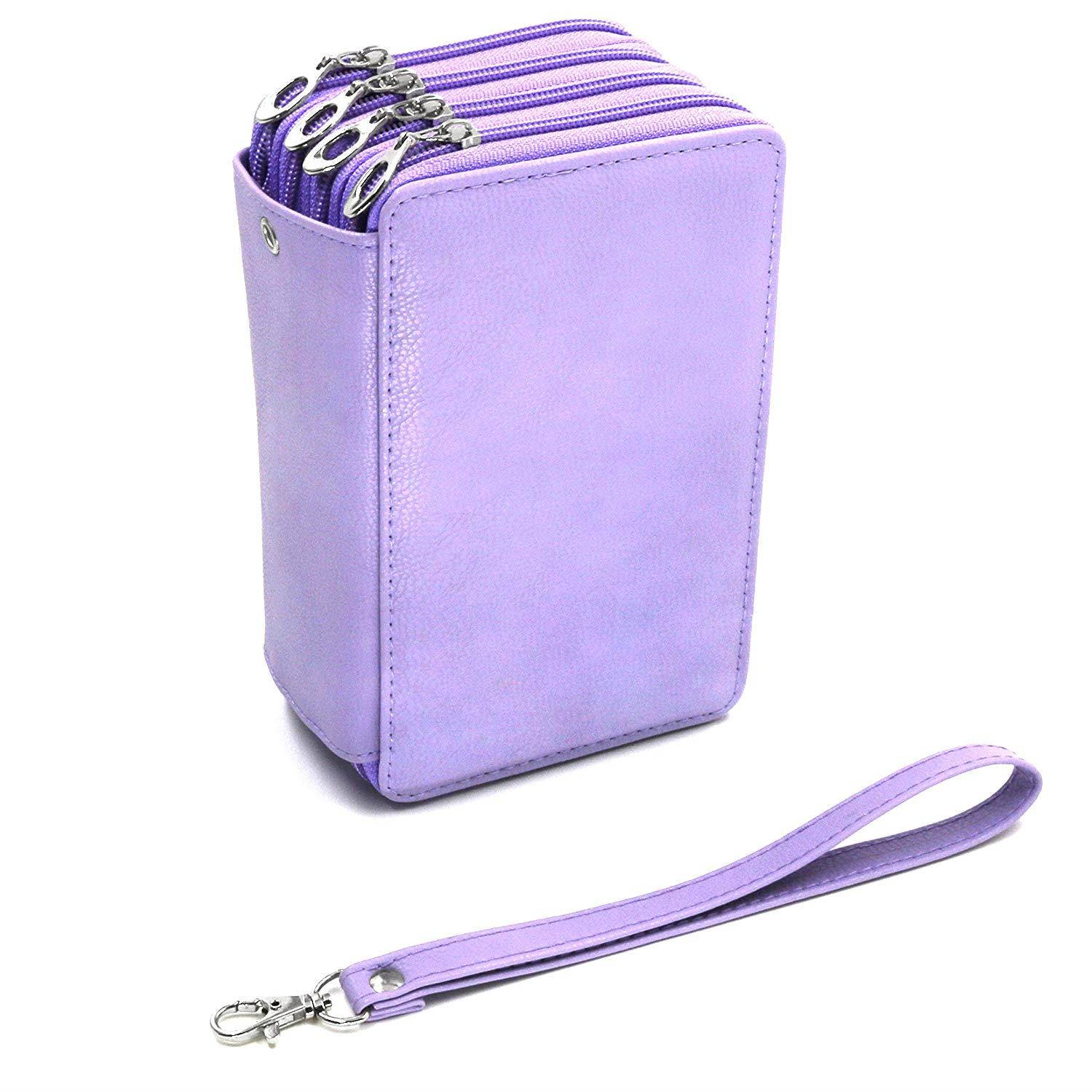 YOUSHARES 72 Slots Pencil Case - PU Leather Handy Multi-layer Large Zipper Pen Bag with Handle Strap for Colored/Watercolor Pencil (Purple)