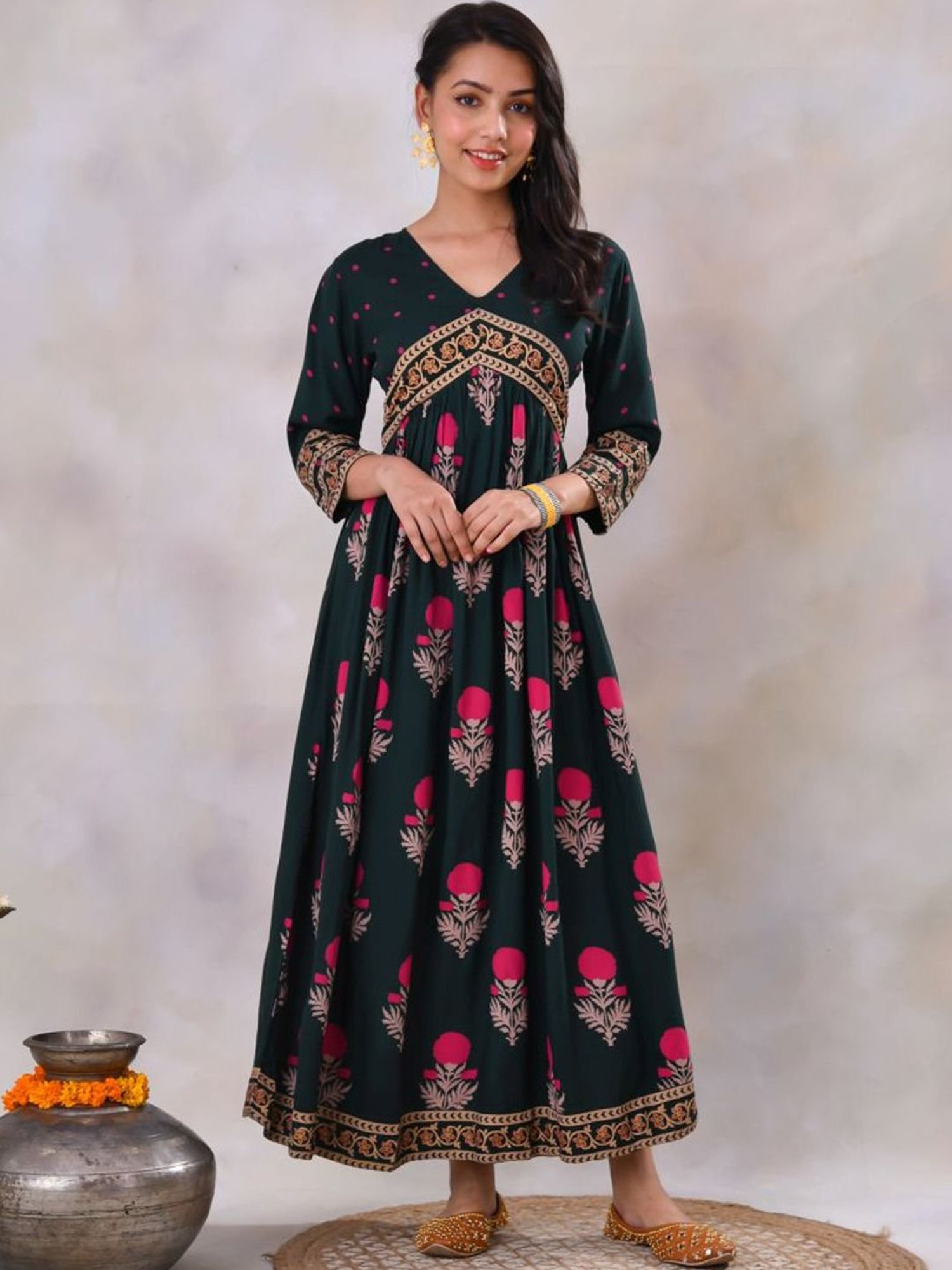 Rustorange Emerald Green Printed Dress