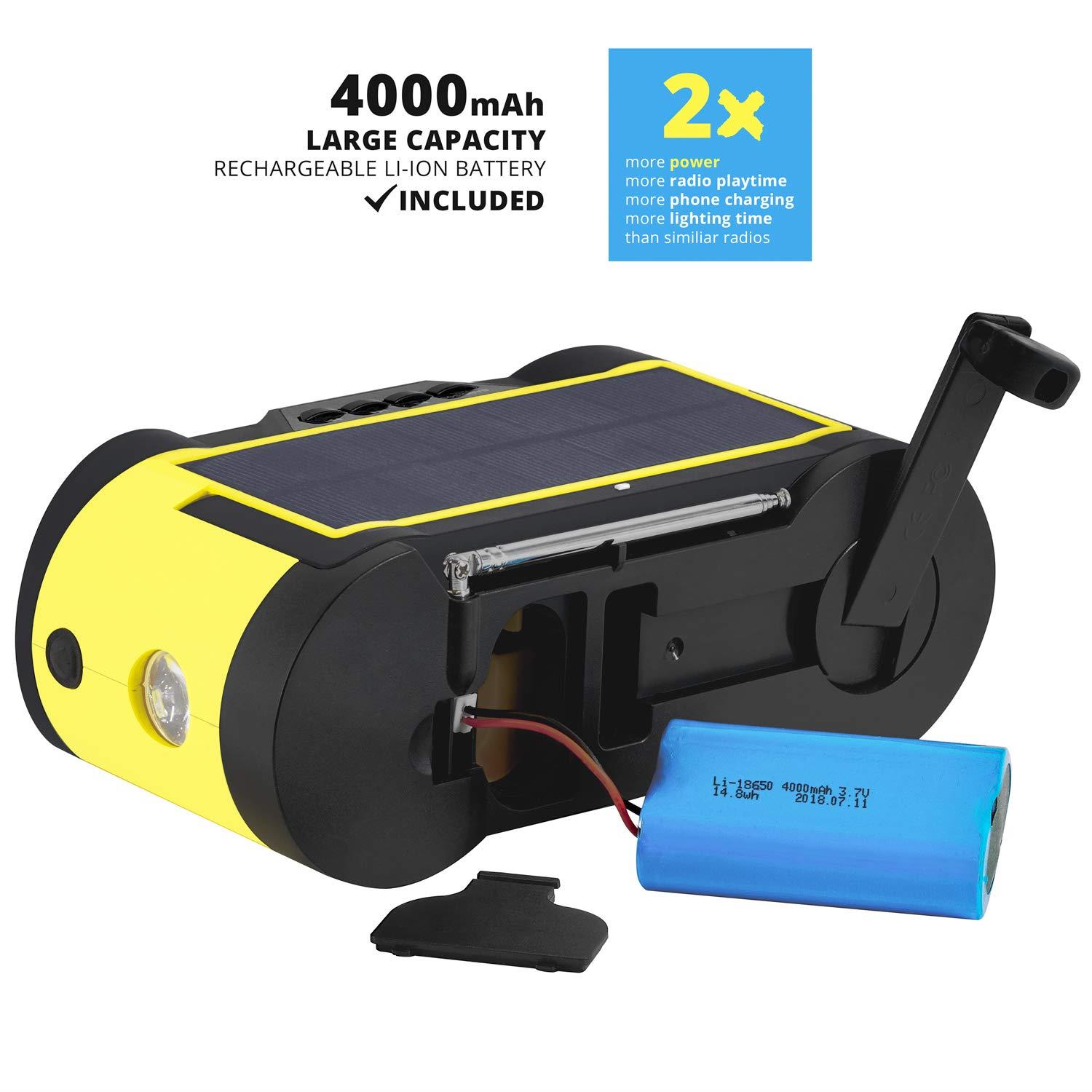 Emergency Weather Radio 4000mAh - Portable, Solar or Battery Powered, Hand Crank, AM FM NOAA Weather Stations, USB Cell Phone Charger, SOS Alarm, LED Flashlight & Reading Light Radio - Buzz4000