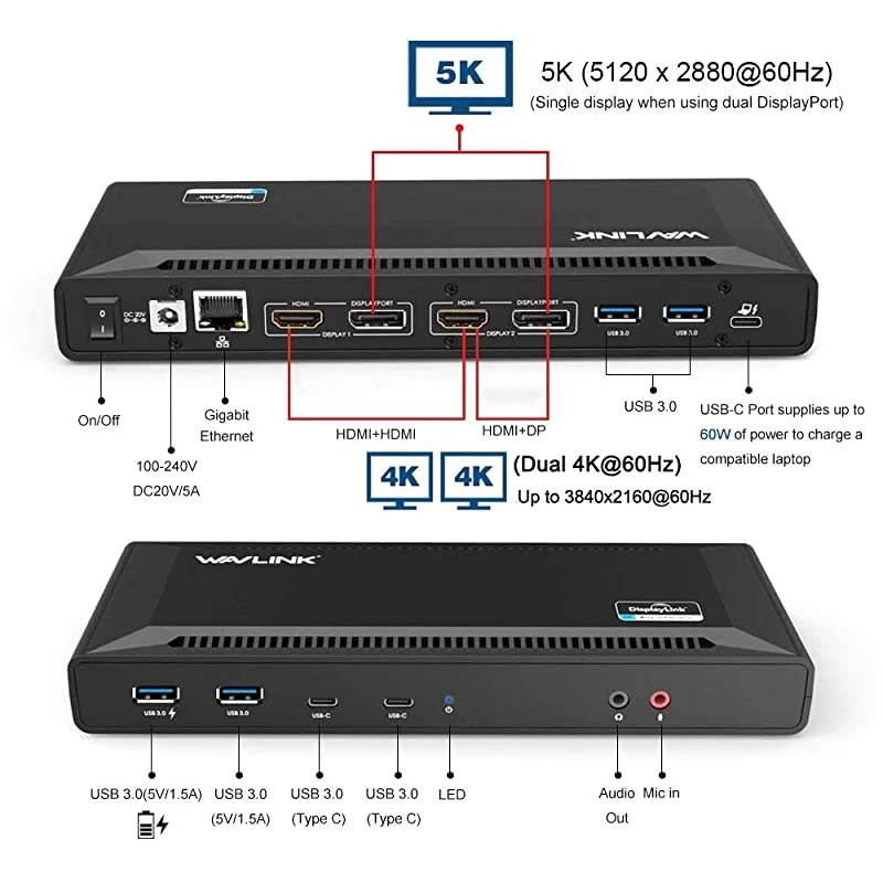 USB C Dual 4K DP/HDMI Laptop Docking Station with 65W Power Delivery, Single 5K/ Dual 4K @60Hz for Specific USB-C and Thunderbolt 3 Windows and Mac Systems ( 2xDP 1.2, 2xHDMI 2.0, 5xUSB, LAN)