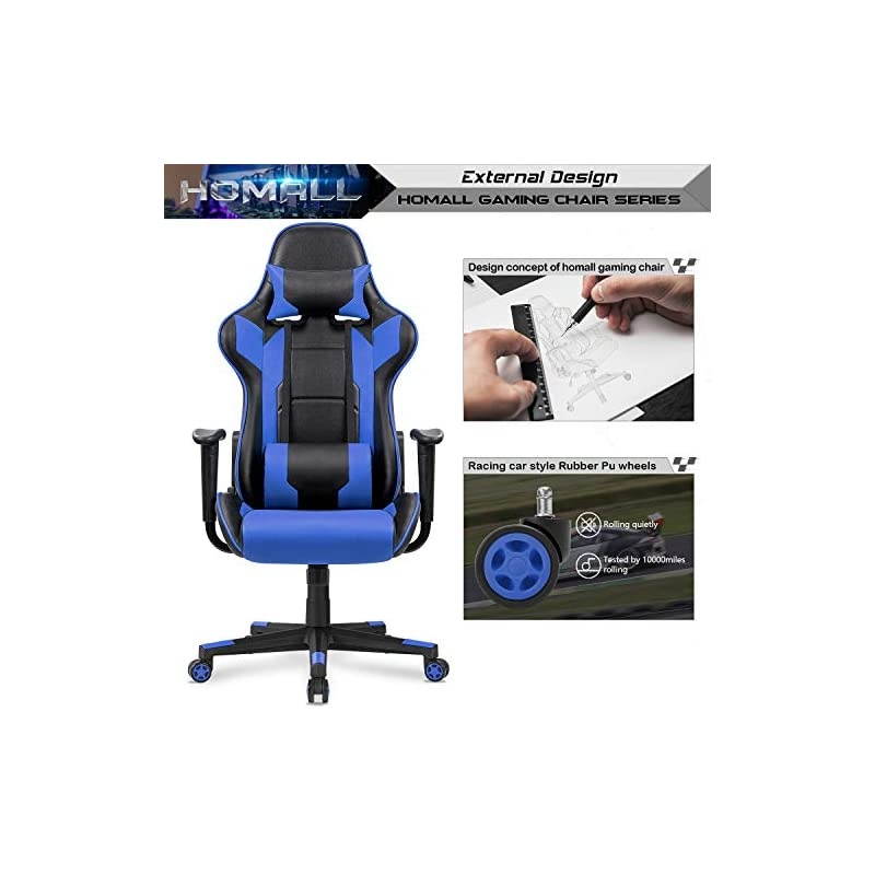 Gaming Chair Office Chair High Back Computer Chair Leather Desk Chair Racing Executive Ergonomic Adjustable Swivel Task Chair with Headrest and Lumbar Support (Blue)