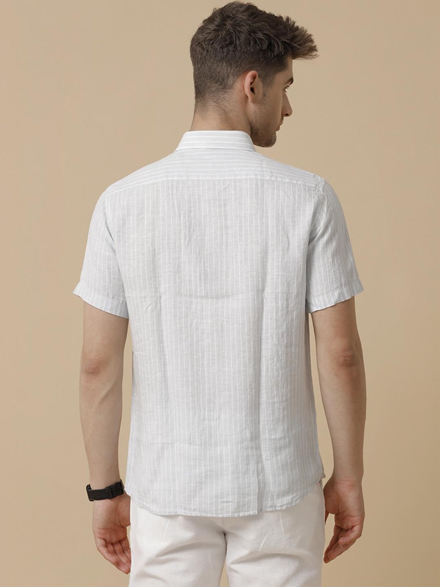 Linen Club Blue Linen Contemporary Fit Striped Shirt