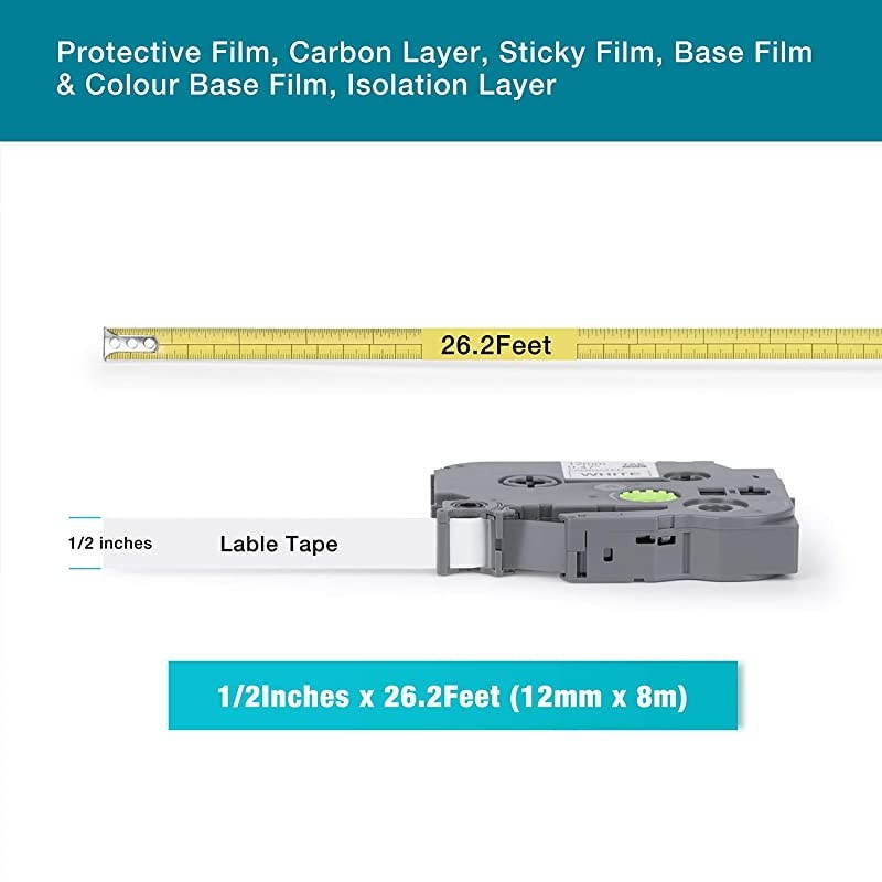 PTD210 Tape 12mm 0.47 Laminated White TZe Label Tape Compatible for Brother P-Touch PTH110 PTH100 PTD400 PTD400AD PTD400VP PTD600 P Touch Label Maker Tape, 26.2 Feet 8 Meter