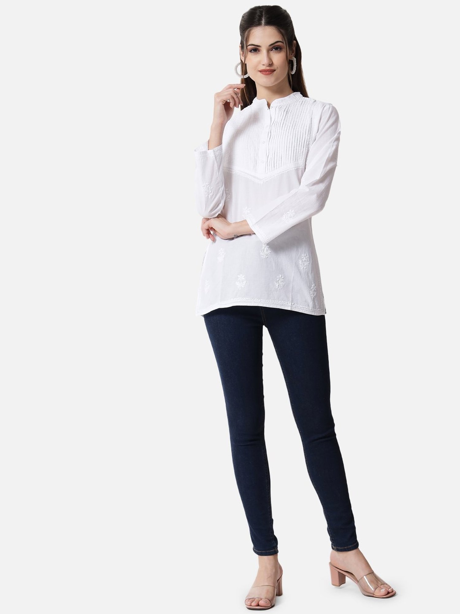 PARAMOUNT CHIKAN Pearl White Cotton Hand Embroidered Chikankari A Line Short Kurti