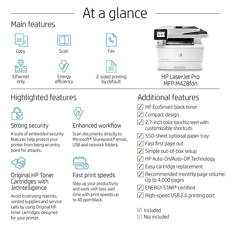 LaserJet Pro MFP M428fdn Monochrome Duplex Laser Printer, 38ppm, 1200x1200 dpi, 250 Sheet Standard Input Tray, USB 2.0 and Ethernet Connectivity - Print, Scan, Copy, Fax, Email