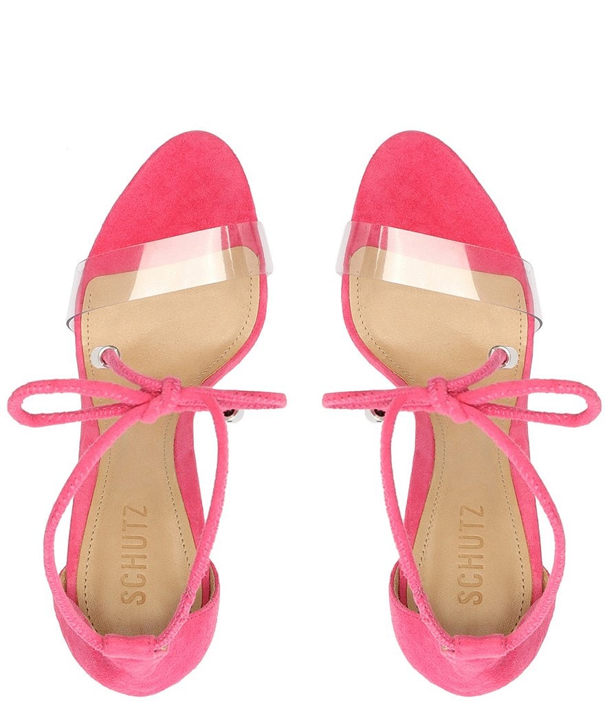 Schutz Josseana Ankle Tie Clear Suede Dress Sandals