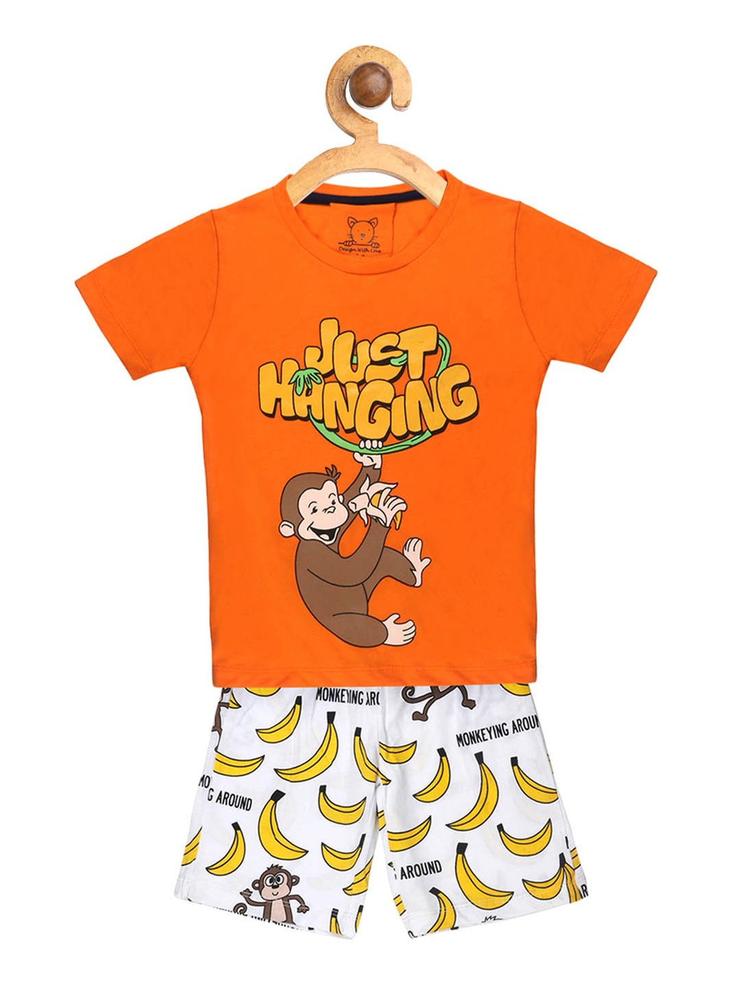 Lazy Shark Kids Orange & White Printed  T-Shirt with  Shorts
