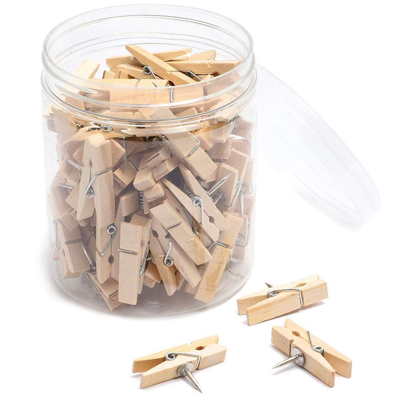 Juvale 80-Count Mini Wooden Pushpins Clips, Clothes Pins Thumbnails Decorate Photos on Cork Boards Bulletin Board for Office Home Postcards, Natural