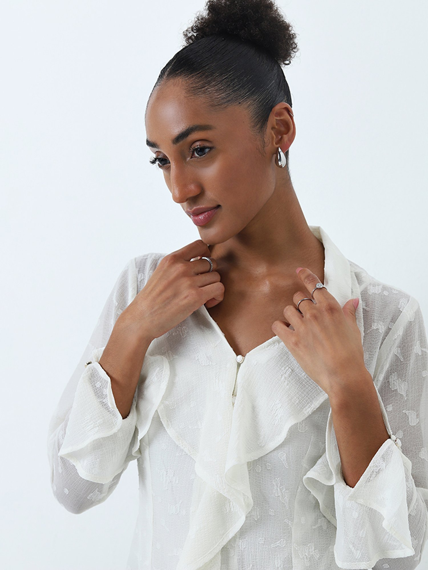 Wardrobe by Westside Ivory Ruffled Self-Patterned Top