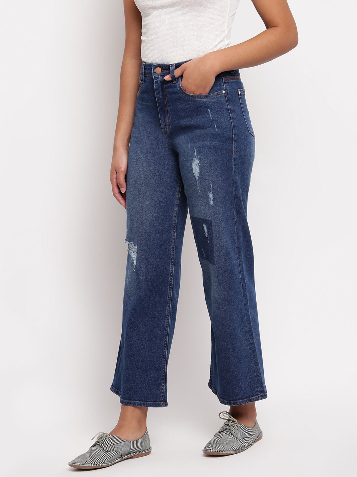 Tales & Stories Blue Distressed Flared Jeans