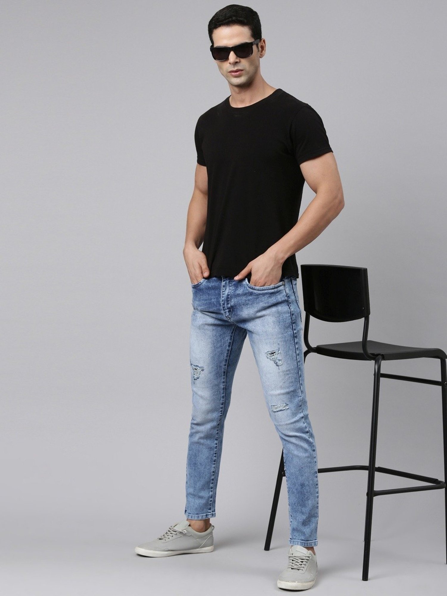 CINOCCI Light Blue Cotton Slim Fit Distressed Jeans