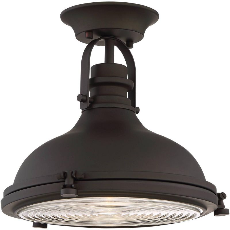 Possini Euro Design Industrial Ceiling Light Semi Flush Mount Fixture Bronze 11 3/4" Wide Clear Ribbed Glass for Bedroom Kitchen