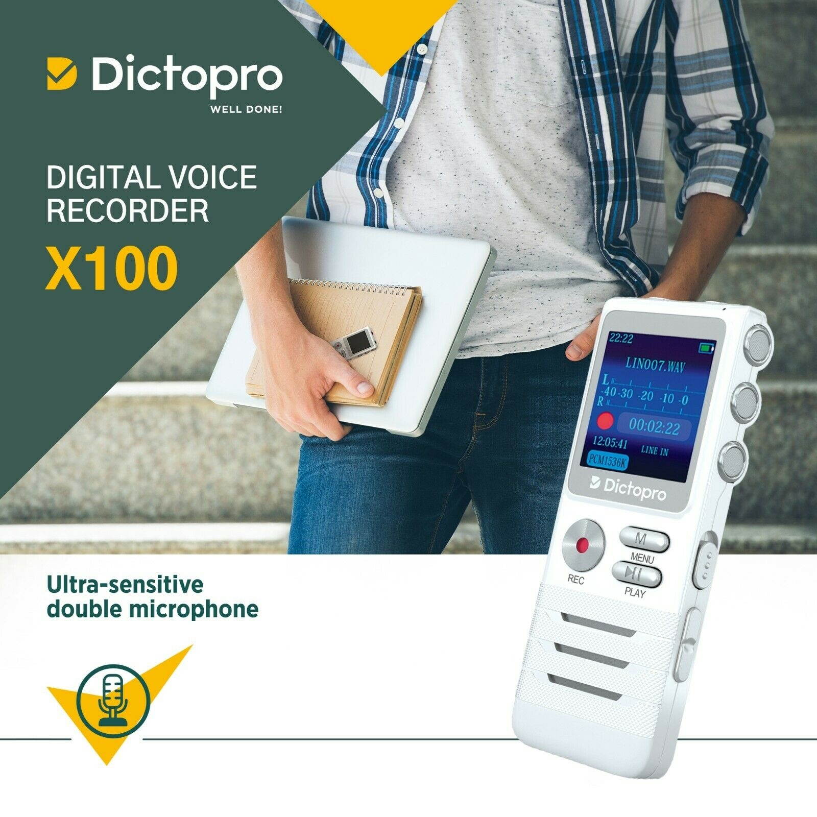 Digital Voice Activated Recorder Handheld Dictaphone Double Mic  Microphone
