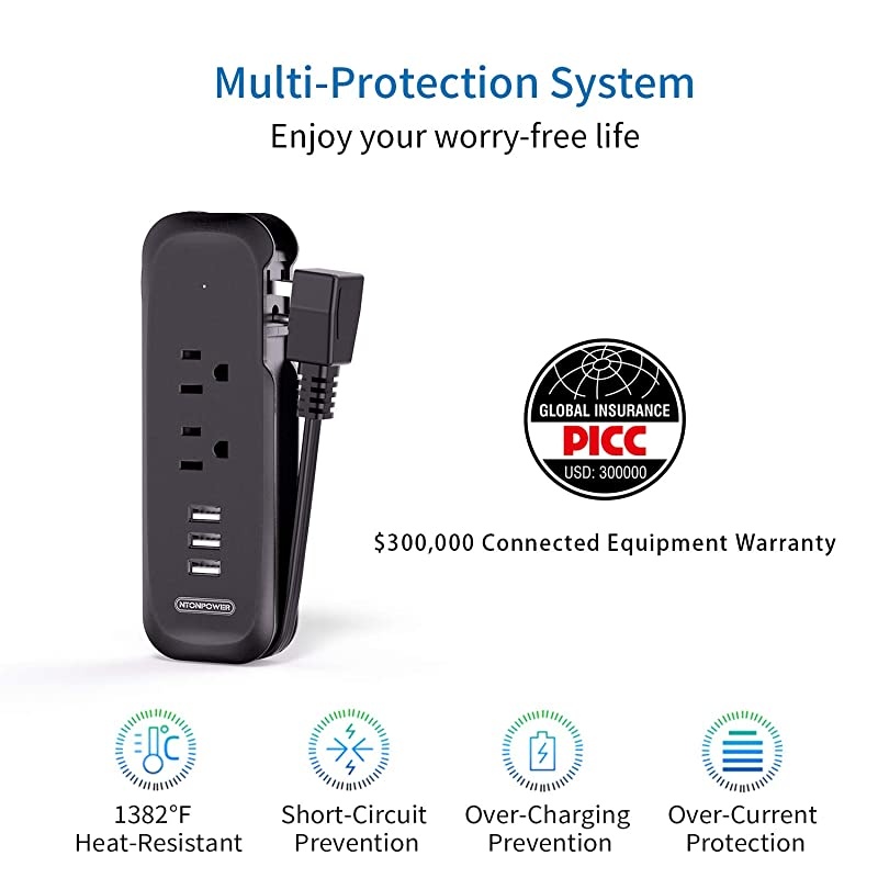 Travel Power Strip 2 Pack -  Power Strip with 2 Outlets and 3 USB, Portable Desktop Charging Station, 15 inches Short Extension Cord, Compact for Cruise Ship, Nightstand, Office, Home, Hotel