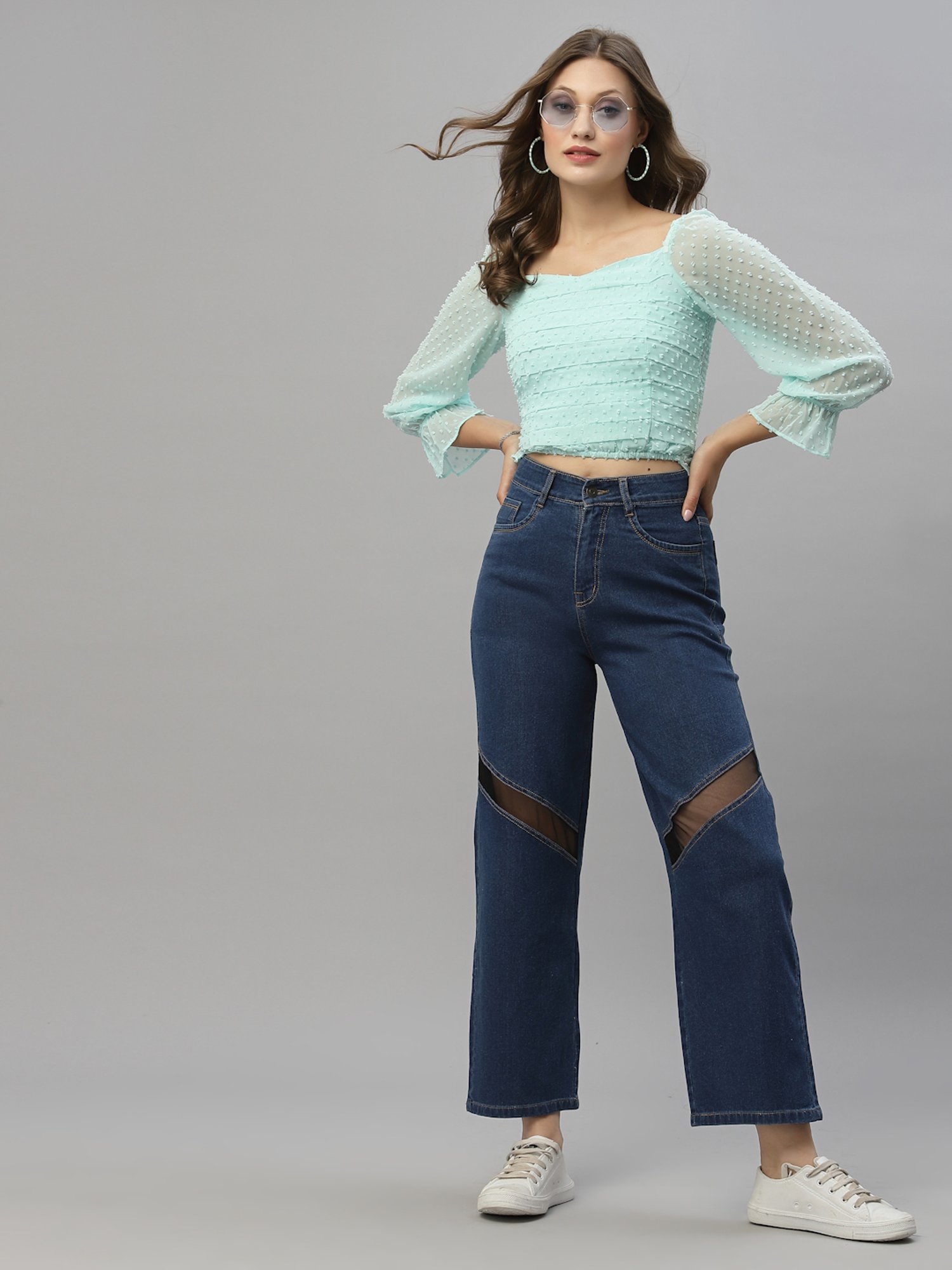 KASSUALLY Mint Green Self Design Crop Top