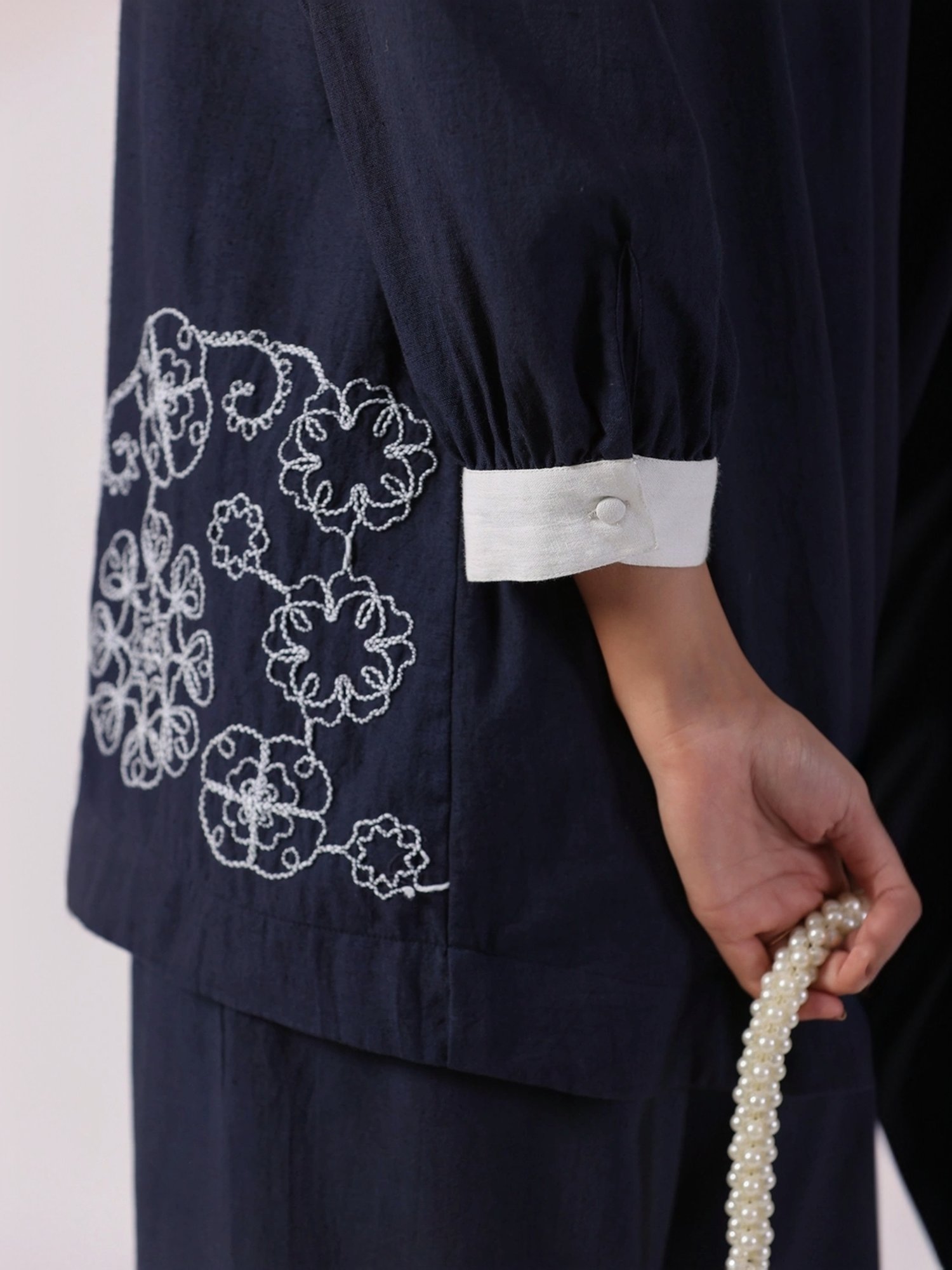 Zolo Label Navy Cotton Embroidered Shirt Palazzo Set