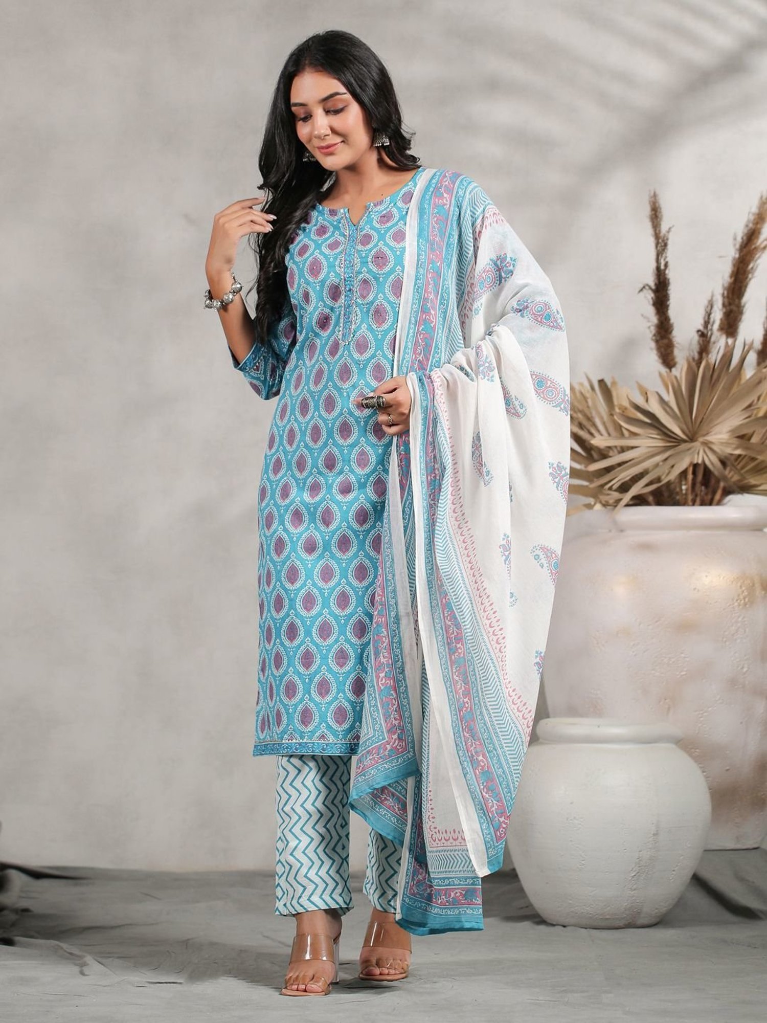 Anubhutee Turquoise Cotton Printed Kurta Pant Set With Dupatta