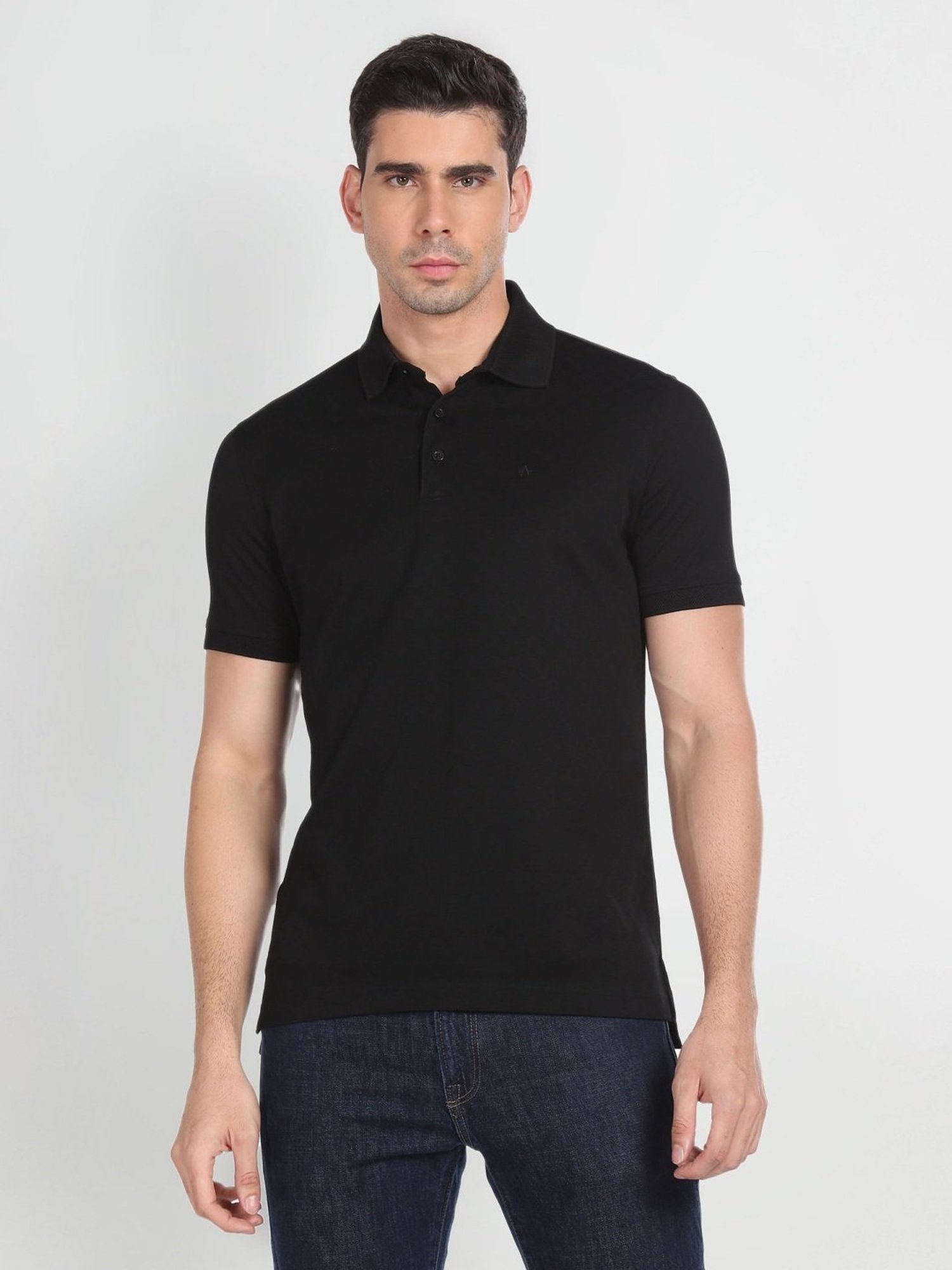 Arrow Black Cotton Regular Fit Self Pattern Polo T-Shirt