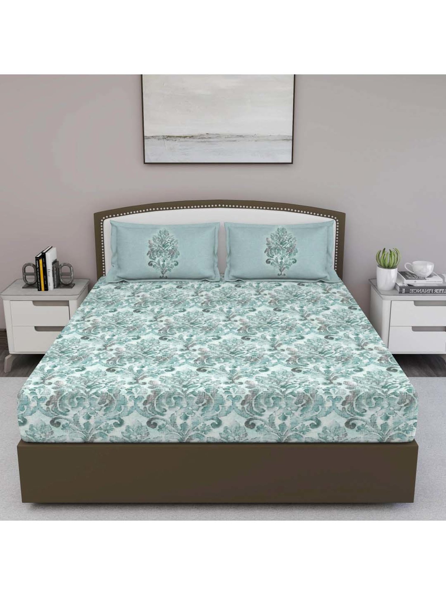 GM 'Fiesta' Sage Green Cotton 180 TC Double Bedsheet with 2 Pillow Covers