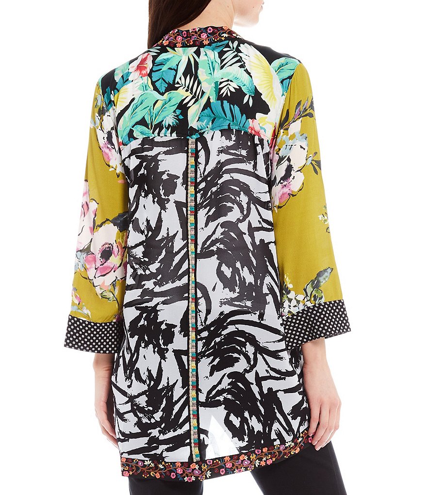 John Mark Embroidered Collar Crepe Floral Printed Kimono Jacket