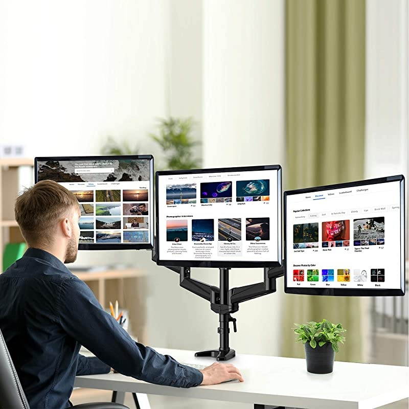 Monitor Stand - Full Motion Articulating Aluminum Gas Spring Monitor Mount Fits Three 17 to 32 inch Flat/Curved LCD Computer Screens with Clamp, Grommet Kit, Black