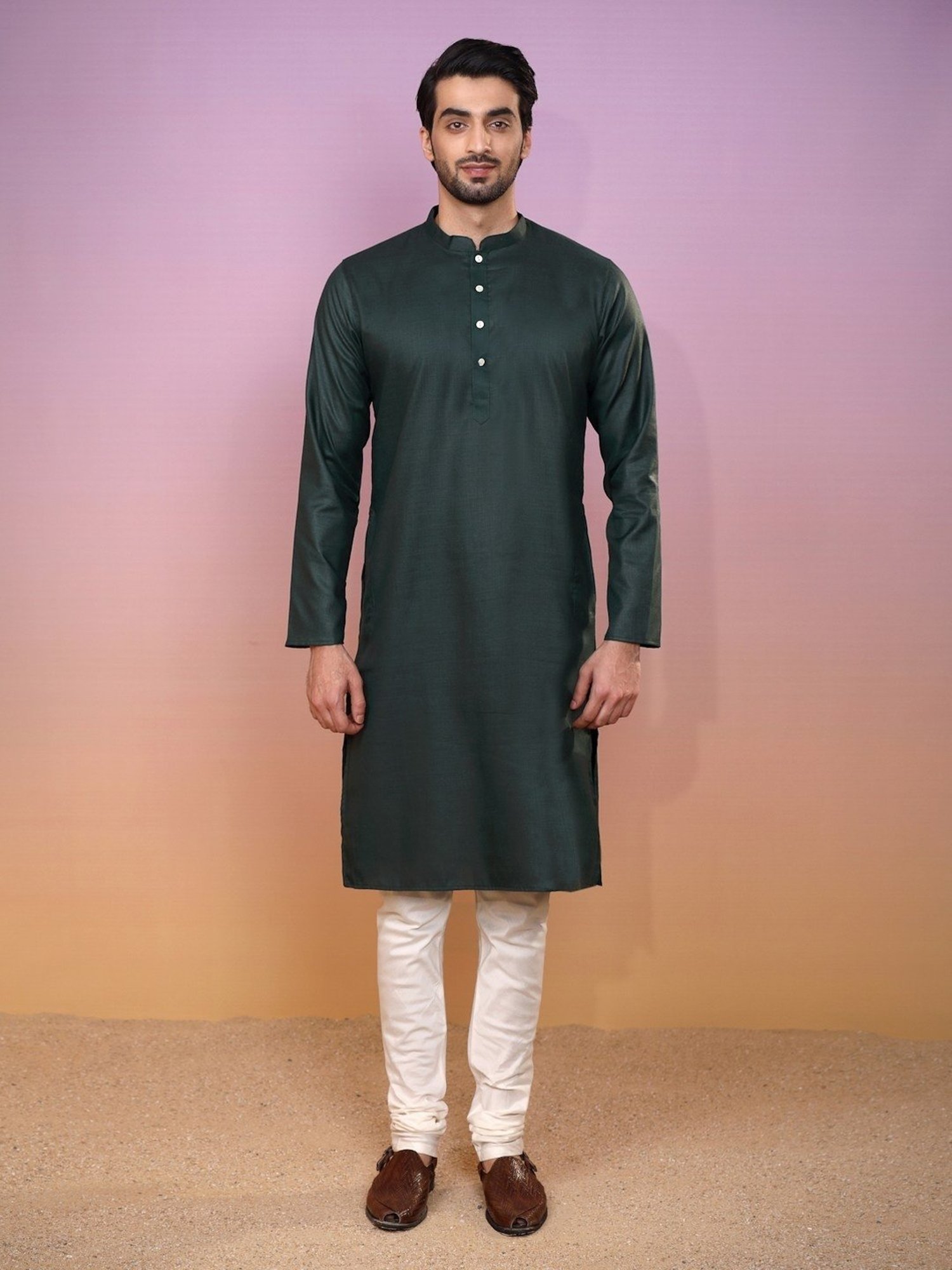 KISAH Green & White Regular Fit Self Pattern Kurta Set With Jacket