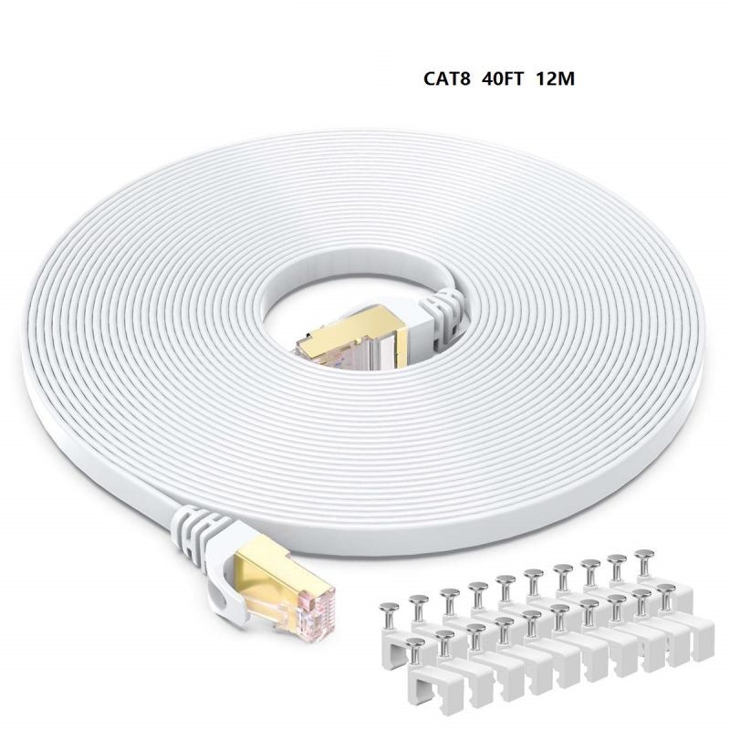 CAT8 Ethernet Cable 40 Ft, High Speed 40Gbps 2000MHz SFTP Flat Internet Network LAN Cable with Gold Plated RJ45 Connector for Router, Modem, PC, Switches, Hub, Laptop, Gaming, Xbox (White,40 ft/12m)