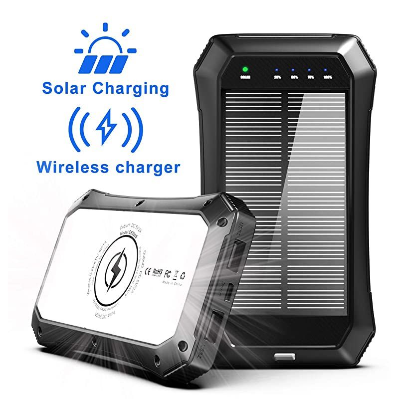 Solar Charger  Wireless Power Bank 10000mAh with 20 LED Lights and Qi Solar Wireless Charger for Camping Outdoor for iOS AndroidBlack
