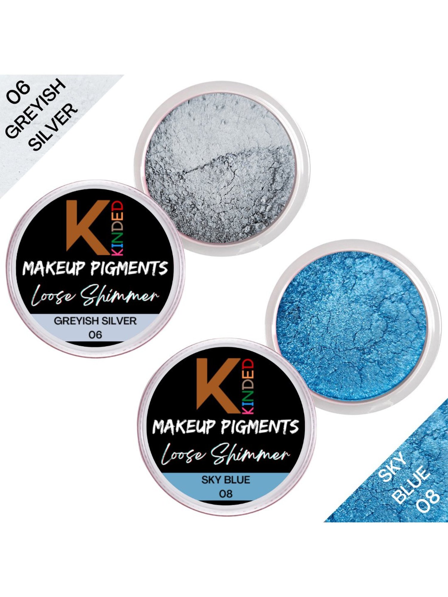 KINDED Makeup Pigments Loose Shimmer Powder Eyeshadow 06 Greyish Silver & 08 Sky Blue Combo