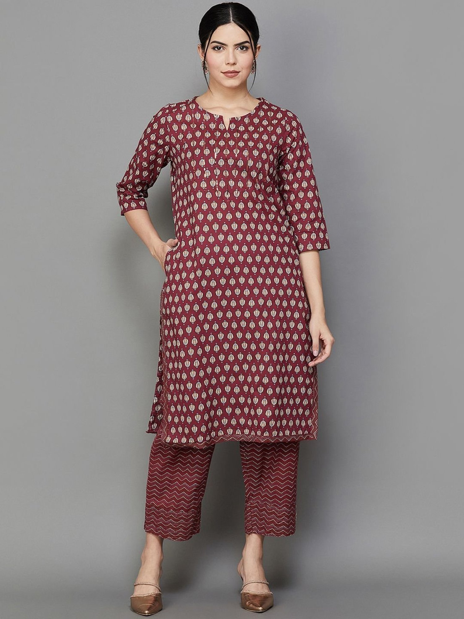 Melange by Lifestyle Maroon Cotton Printed Kurta Pant Set
