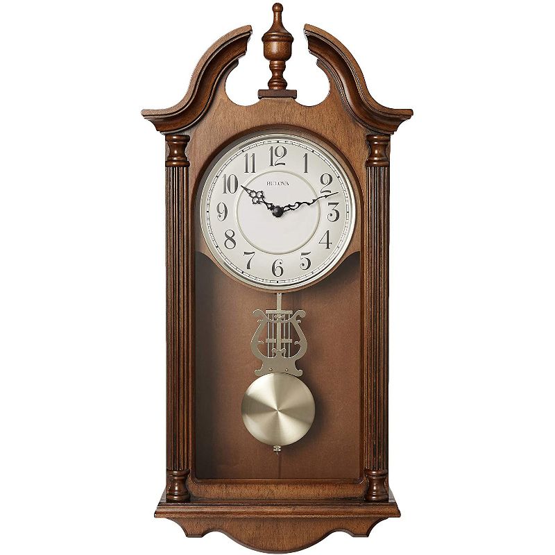 Bulova Clocks C1517 Classic Style Saybrook Striking 3 Melody Option Chiming Cherry Wood Finish Battery Operated Timeless Wall Clock