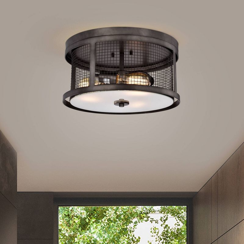 16" x 16" x 8" Metal Barn Magnet Hill Patterned Drum Shade Flush Mount Ceiling Light Gray - Warehouse Of Tiffany