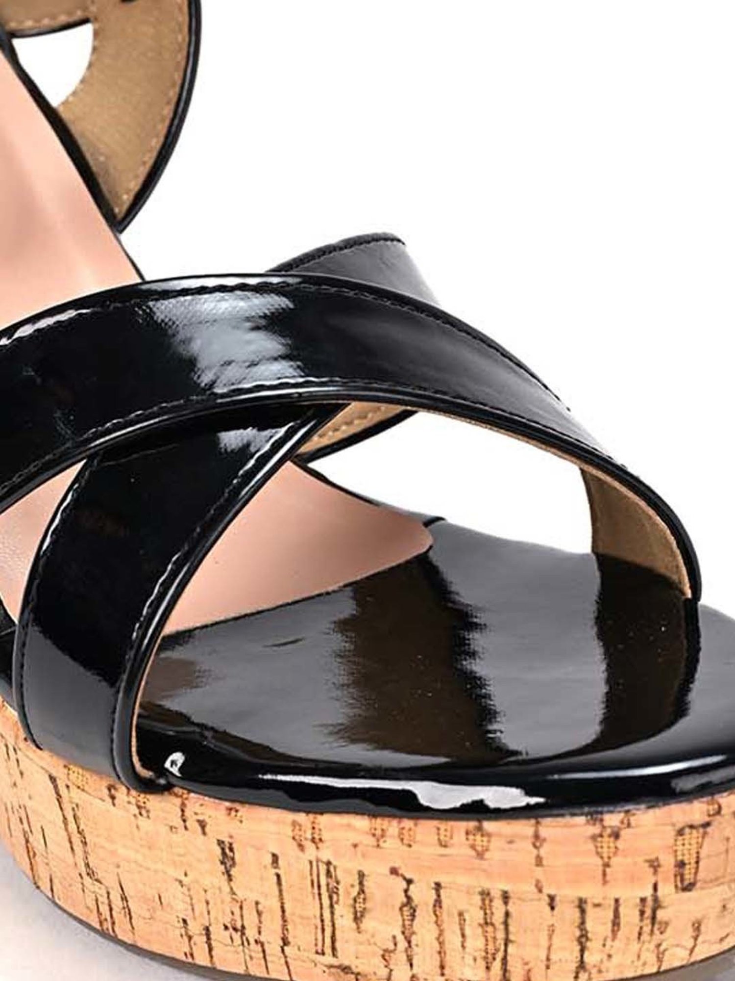 Scentra Women's Black Ankle Strap Wedges