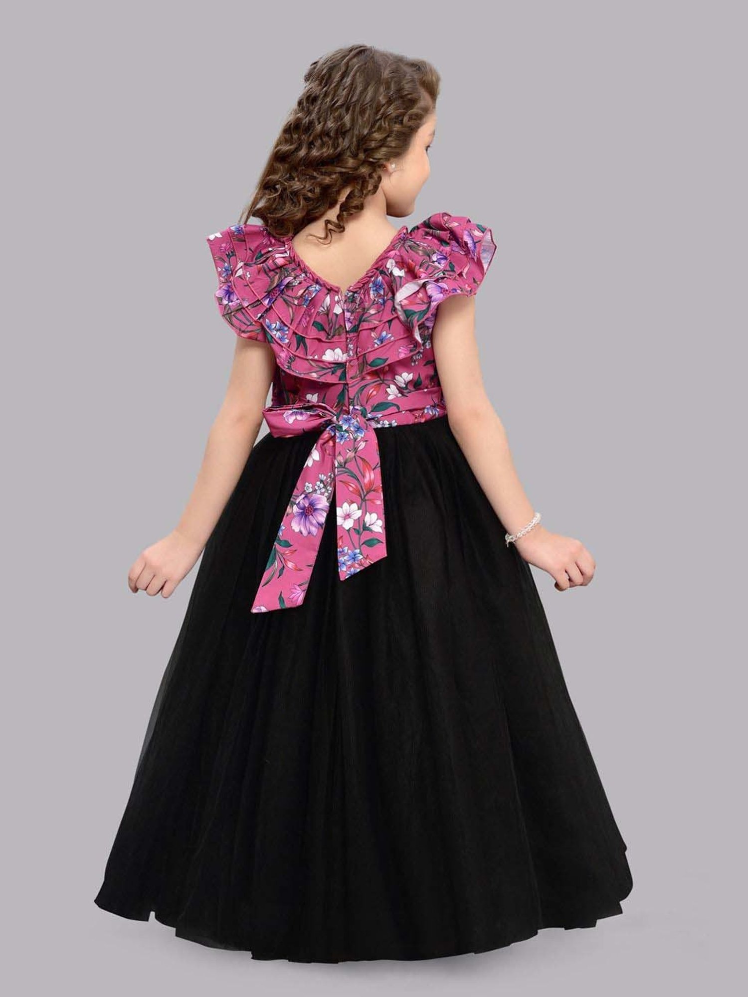 Pink Chick Kids Pink & Black Floral Party Gowns