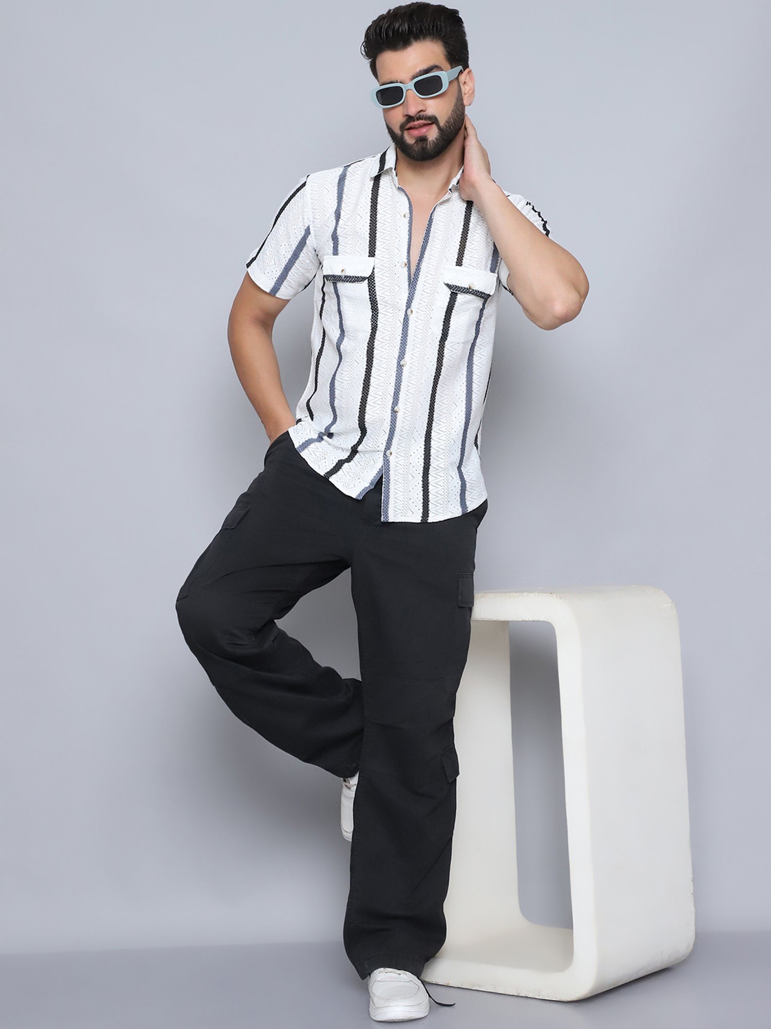 Indian Needle Grey Polycotton Regular fit Stripes Casual Shirt