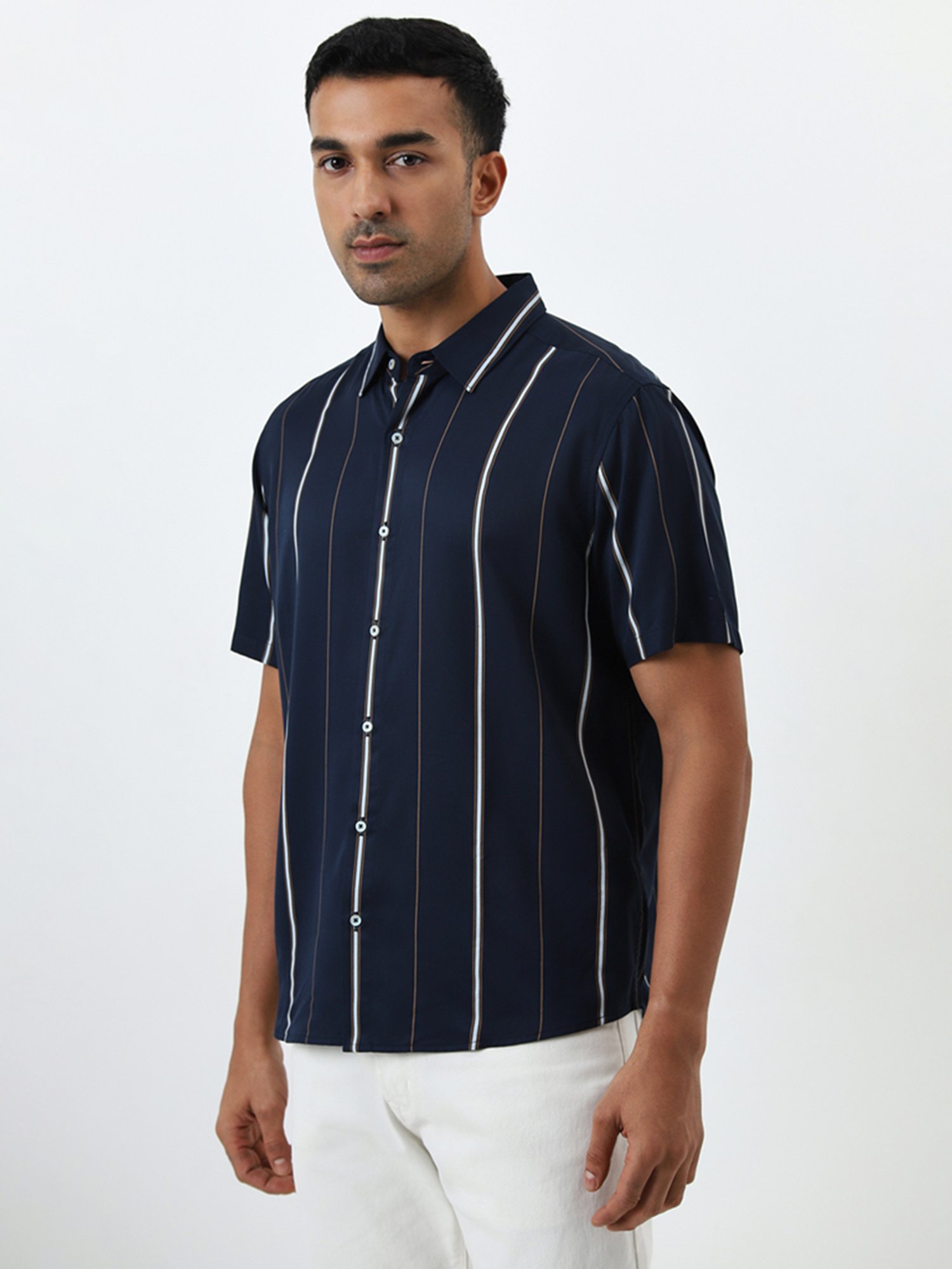 Ascot by Westside Navy Stripe Printed Relaxed-Fit Shirt