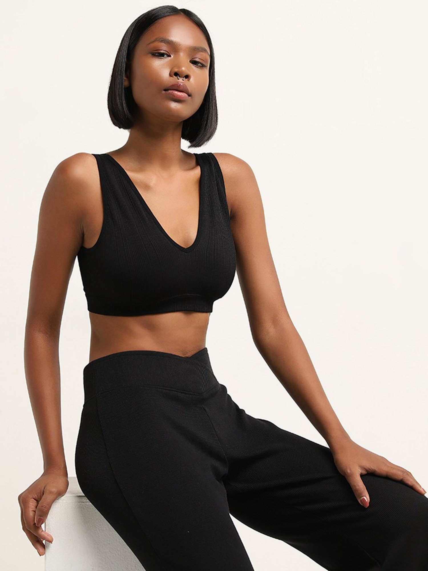 Superstar by Westside Black Ribbed Textured Plunge Bra