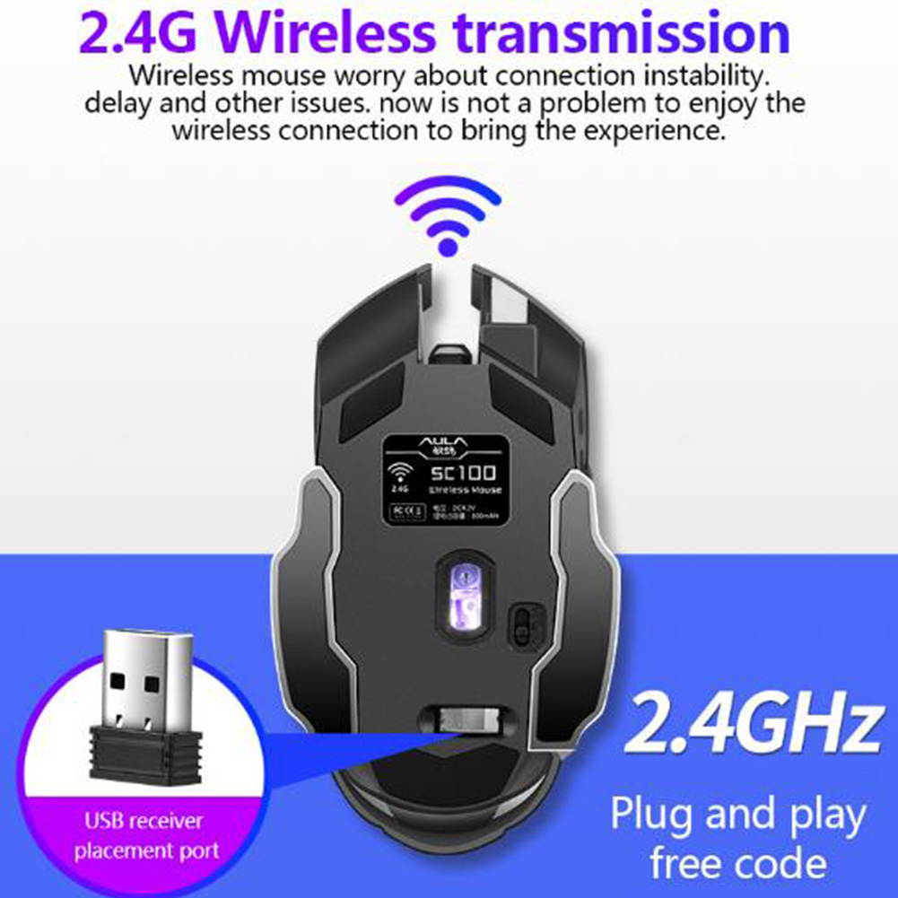 AULA SC100 Wireless Silent Gaming Mouse Rechargeable 1600 DPI 6 Buttons Ergonomic Optical USB Mute Mouse for PC Laptop Desktop